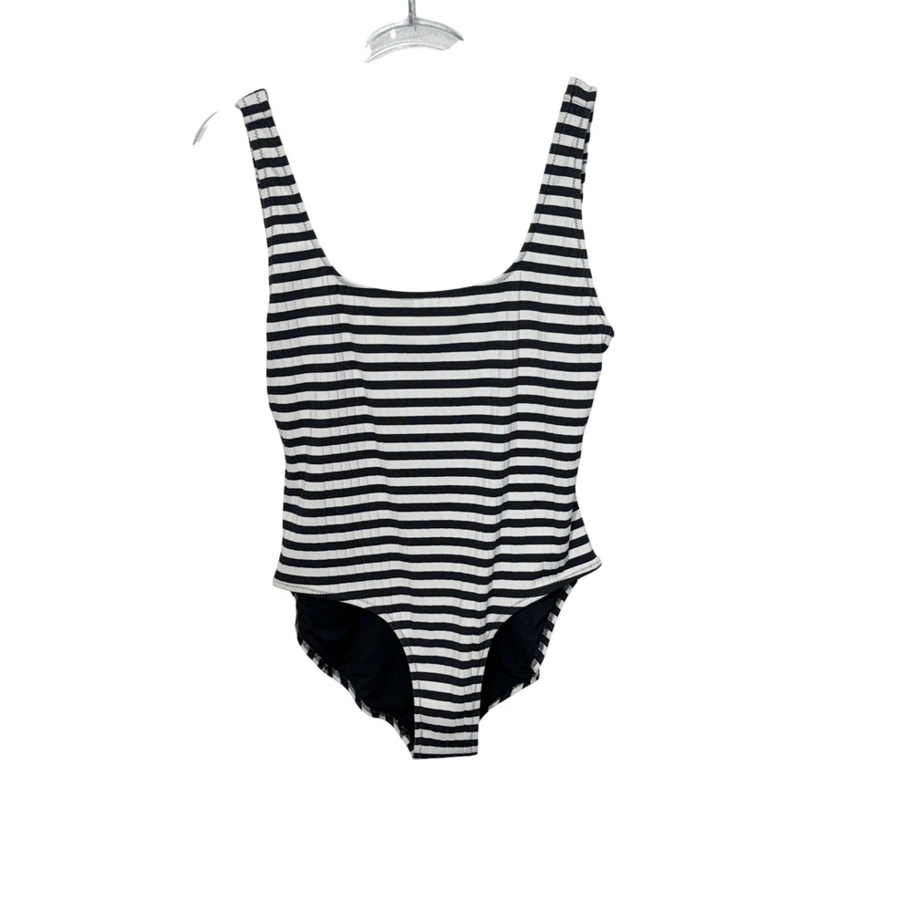 Solid & Striped One Piece Swimsuit Womens XL Black White Ribbed Square Neck